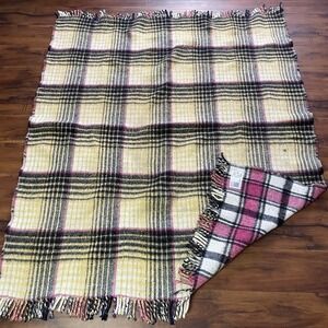 Vintage Vaquera Throw Blanket 56"x65" Pink Yellow White Plaid Fringe Mexico